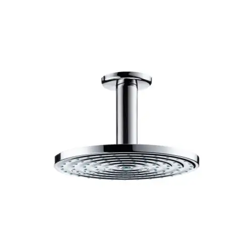 Deckenmontierte Kopfbrause in Chrom von Hansgrohe, mit einem runden, flachen Design und spiralförmiger Düsenausführung.